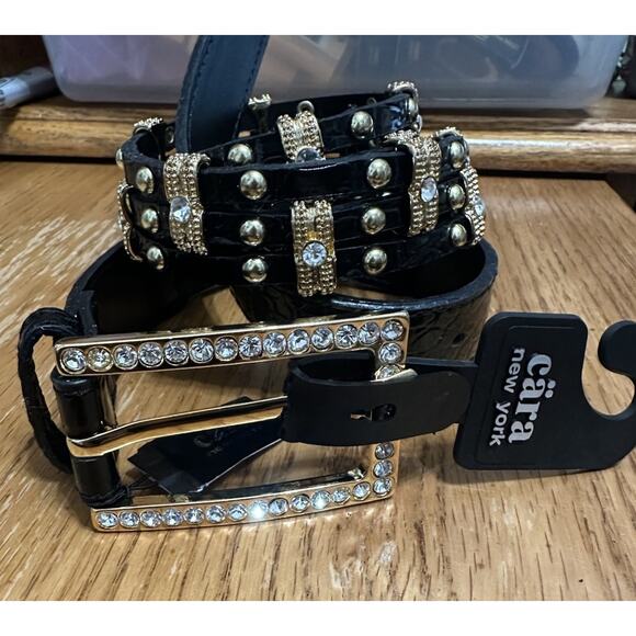 Cara New York Women’s Black Gold-Tone Studded Adjustable Belt Fits 29”-33” NEW - Picture 1 of 4